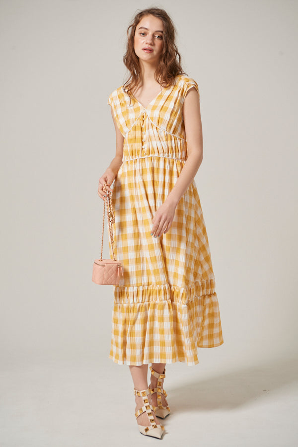 Cleo Plaid Midi Dress <br> -YEL check-