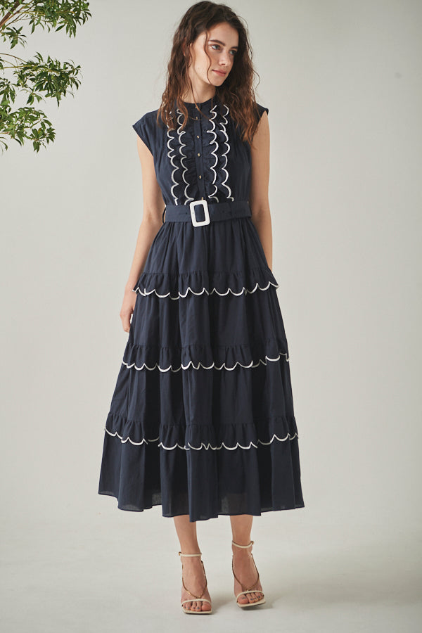 Bonnie Scallop Long Dress <br>-NVY-