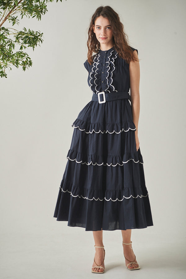 Bonnie Scallop Long Dress <br>-NVY-