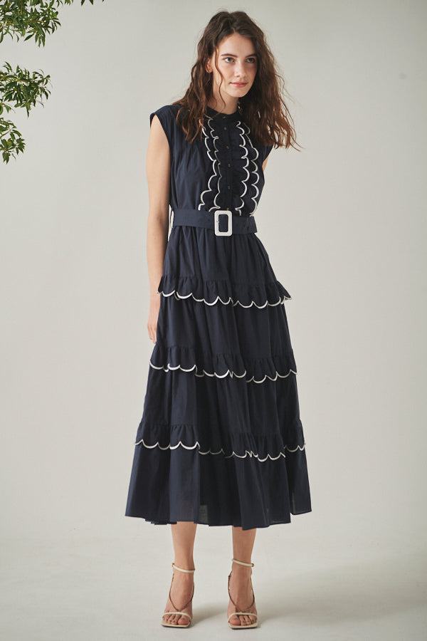 Bonnie Scallop Long Dress <br>-NVY-