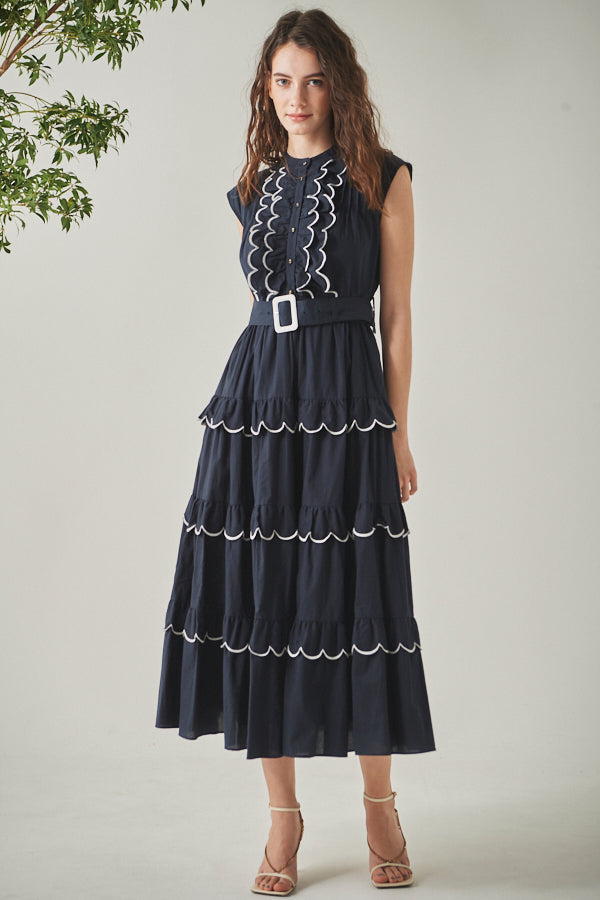 Bonnie Scallop Long Dress <br>-NVY-