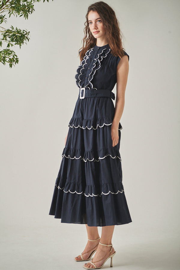 Bonnie Scallop Long Dress <br>-NVY-