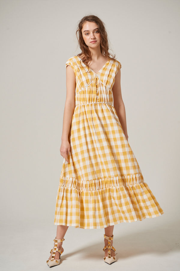Cleo Plaid Midi Dress <br> -YEL check-