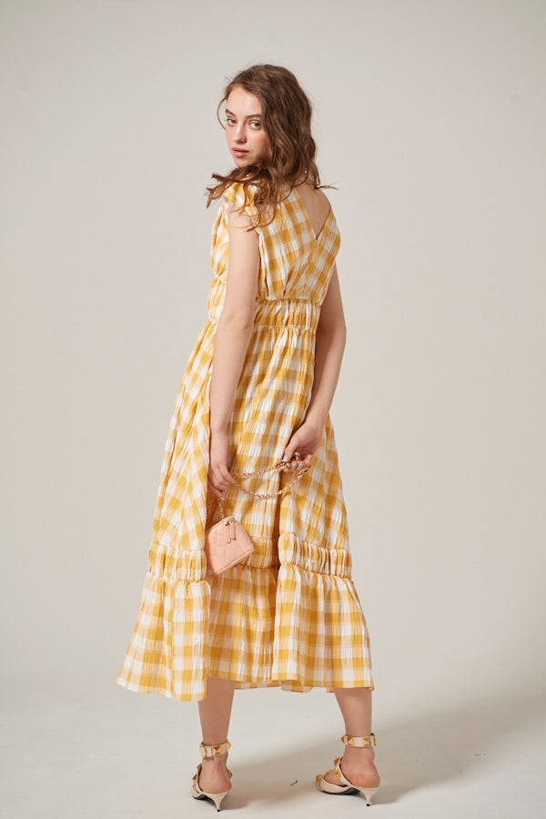 Cleo Plaid Midi Dress <br> -YEL check-