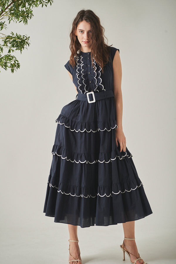 Bonnie Scallop Long Dress <br>-NVY-