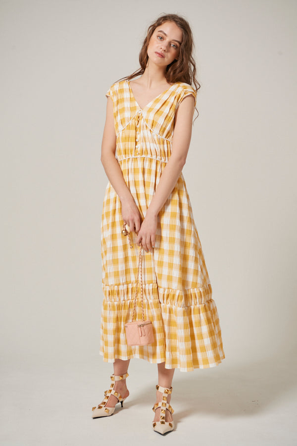 Cleo Plaid Midi Dress <br> -YEL check-