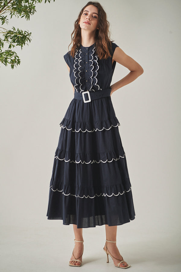 Bonnie Scallop Long Dress <br>-NVY-