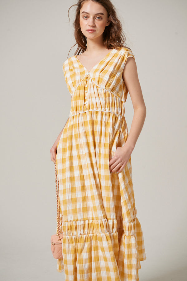 Cleo Plaid Midi Dress <br> -YEL check-