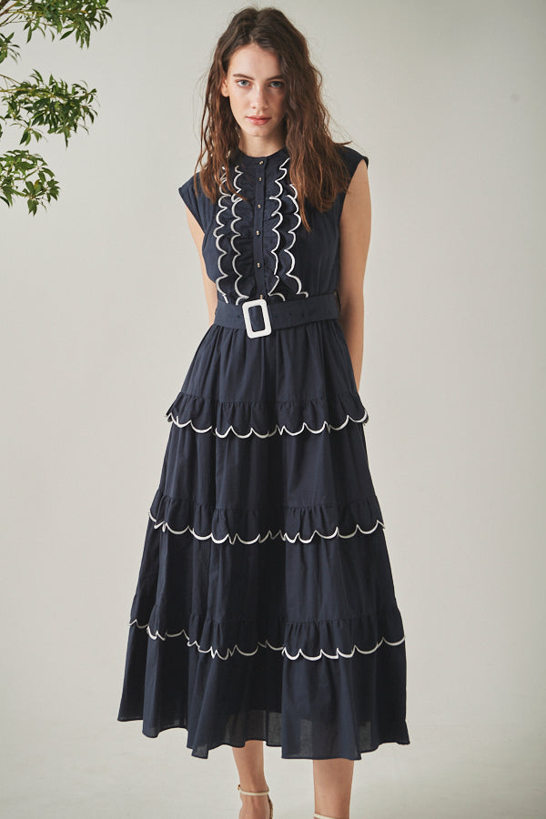 Bonnie Scallop Long Dress <br>-NVY-