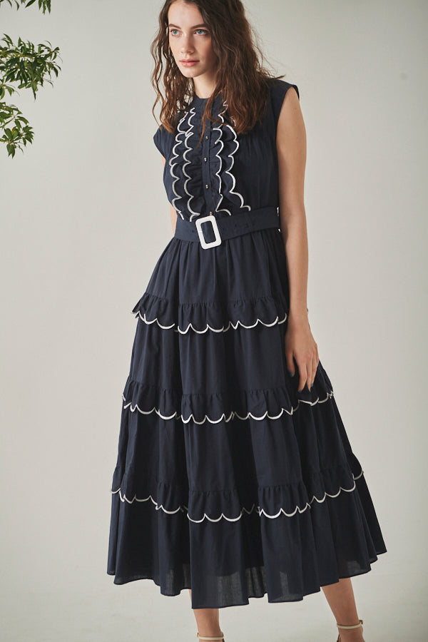 Bonnie Scallop Long Dress <br>-NVY-