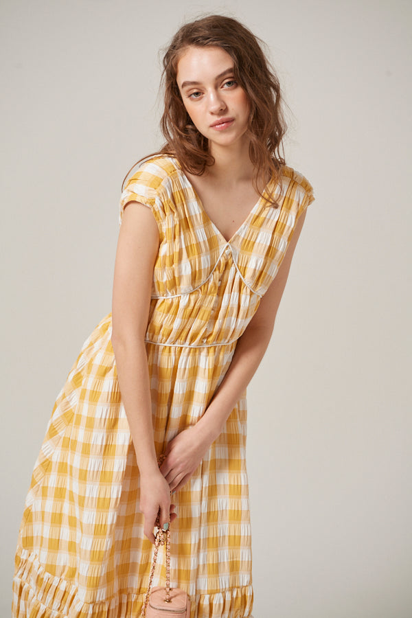 Cleo Plaid Midi Dress <br> -YEL check-