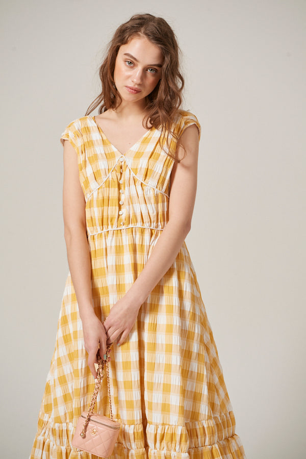 Cleo Plaid Midi Dress <br> -YEL check-