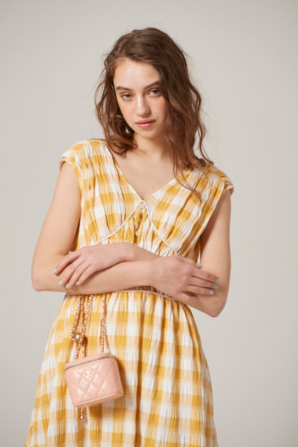 Cleo Plaid Midi Dress <br> -YEL check-