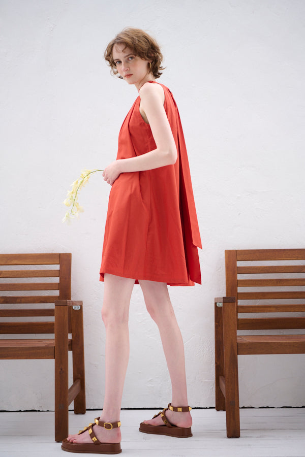 Clara Back Ribbon Dress <br> -Orange RED-