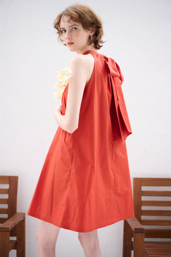 Clara Back Ribbon Dress <br> -Orange RED-