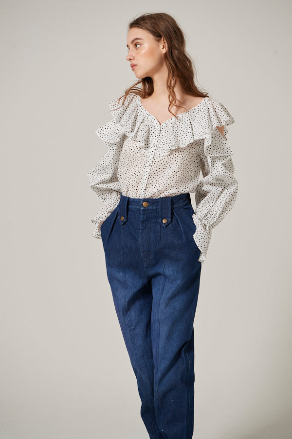 Cold Shoulder Long-Sleeved Blouse <br> -WHT dot-