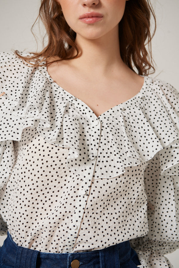 Cold Shoulder Long-Sleeved Blouse <br> -WHT dot-