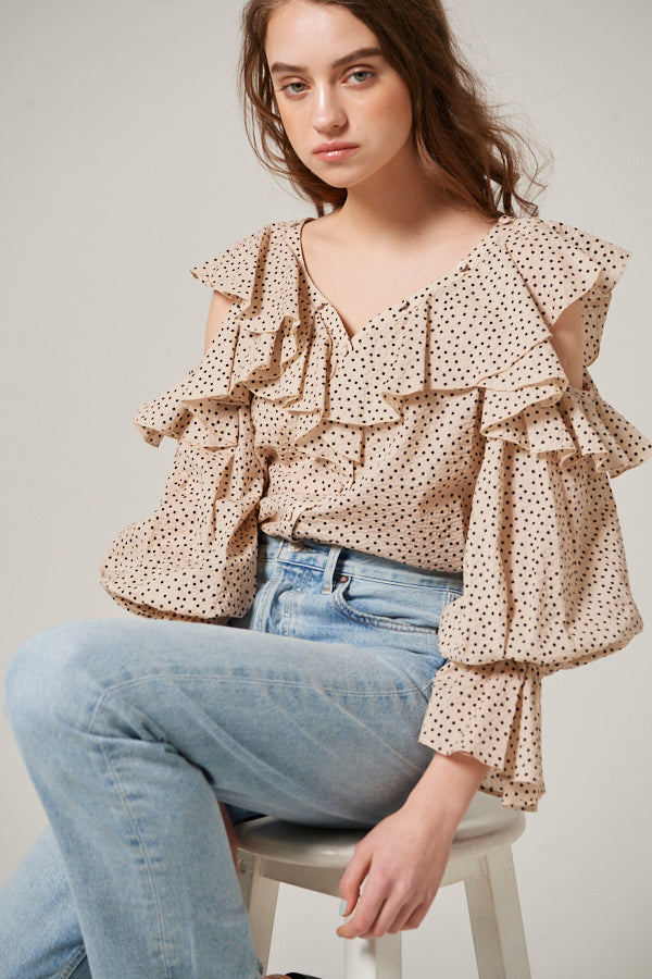 Cold Shoulder Long-Sleeved Blouse <br> -L.BEG dot-