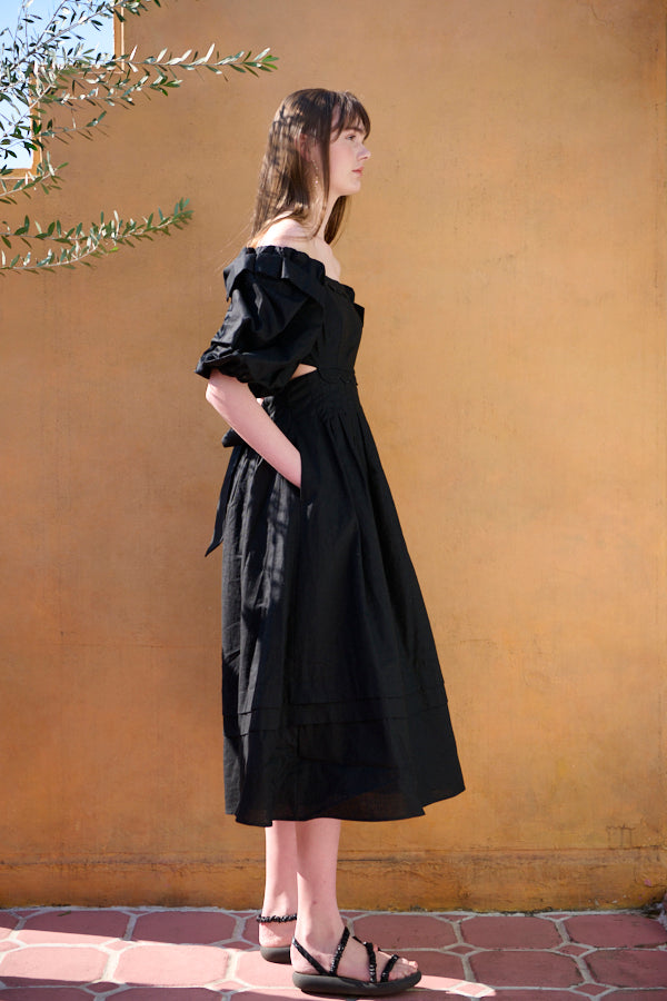 Sweetheart Linen Long Dress<br> -BLK-