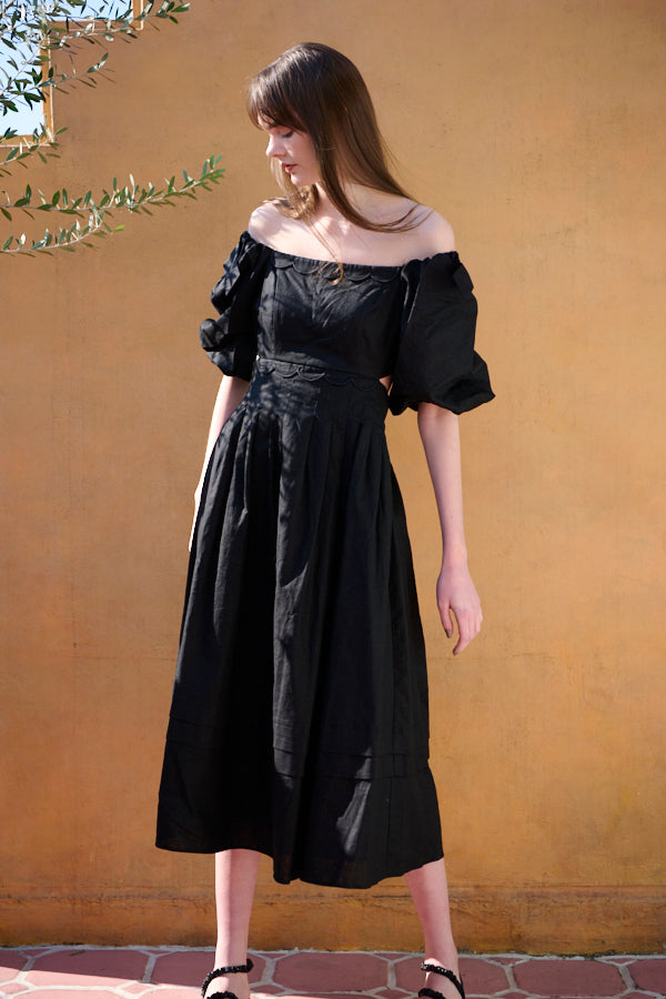 Sweetheart Linen Long Dress<br> -BLK-