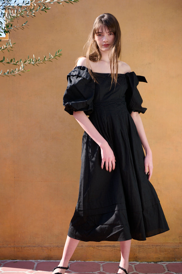 Sweetheart Linen Long Dress<br> -BLK-