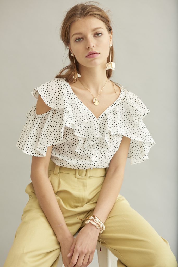 Cold Shoulder Dot Blouse <br> -WHT dot-