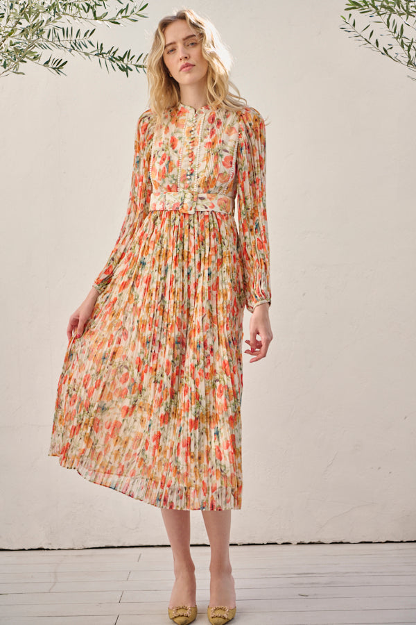 Jane Belted Dress <br>-Flower printed -ORG flower-