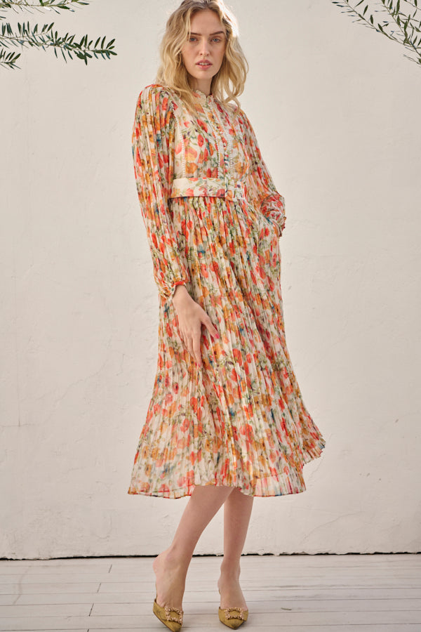 Jane Belted Dress <br>-Flower printed -ORG flower-