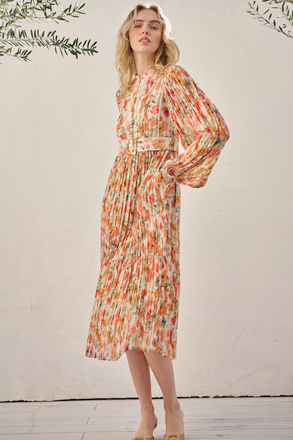 Jane Belted Dress <br>-Flower printed -ORG flower-