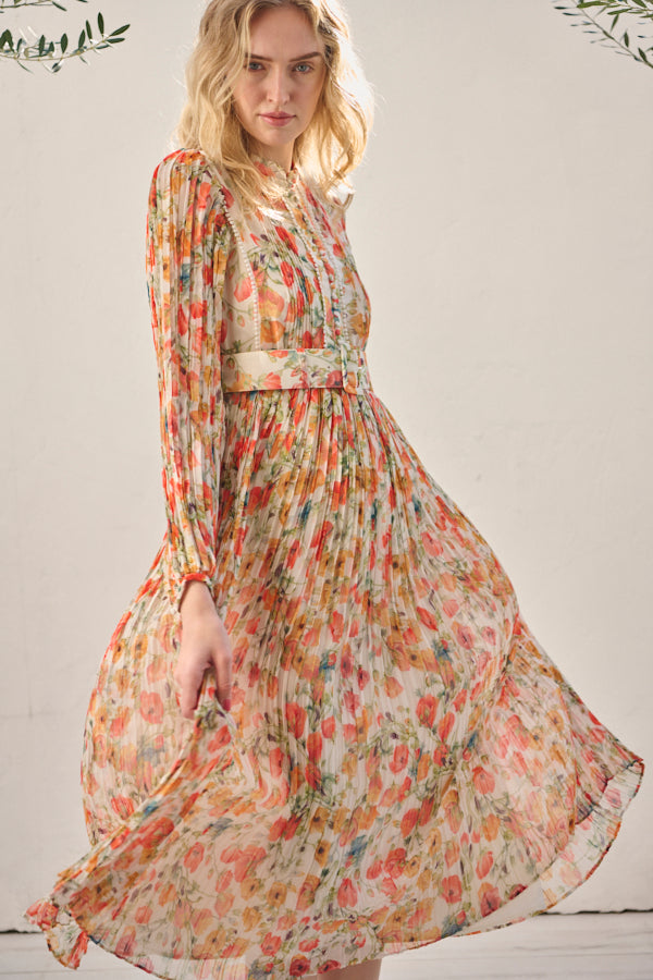 Jane Belted Dress <br>-Flower printed -ORG flower-