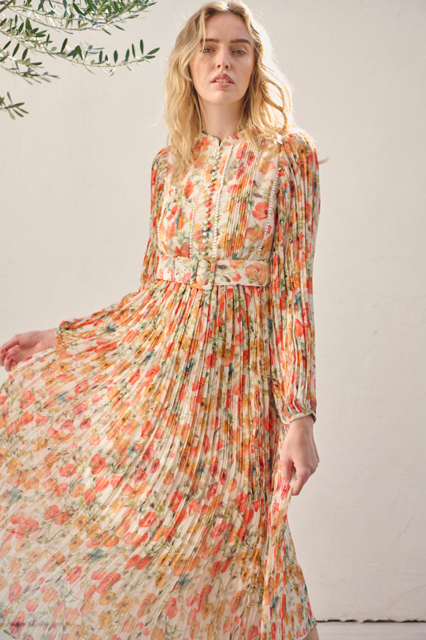 Jane Belted Dress <br>-Flower printed -ORG flower-