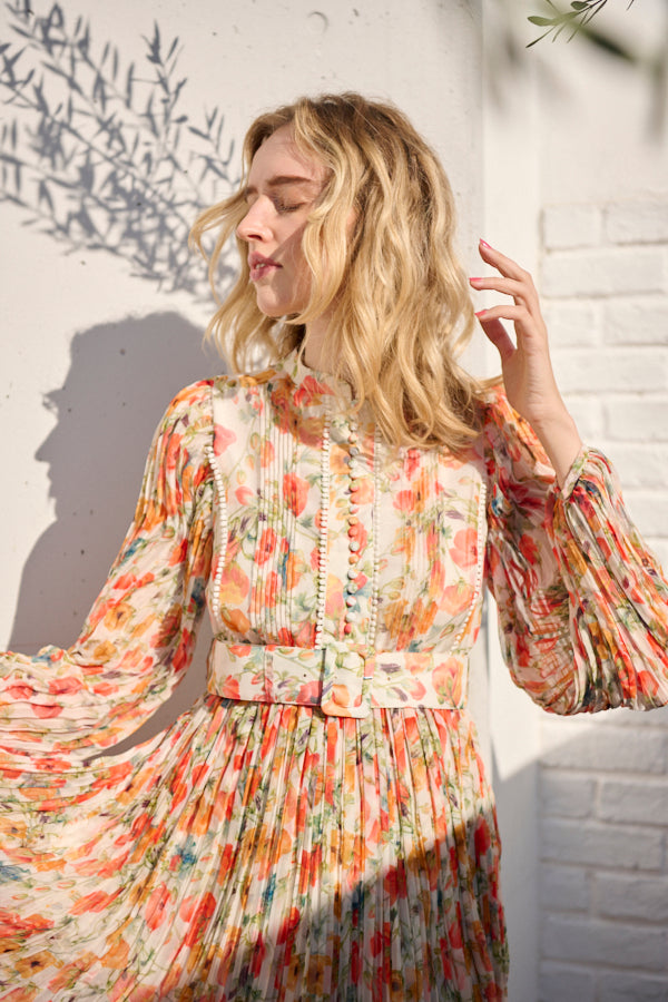 Jane Belted Dress <br>-Flower printed -ORG flower-