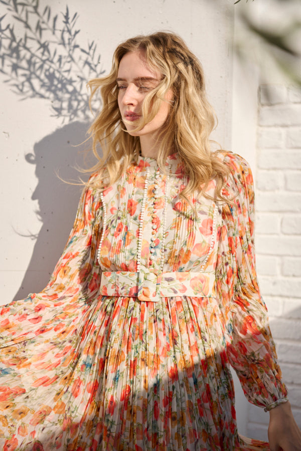 Jane Belted Dress <br>-Flower printed -ORG flower-