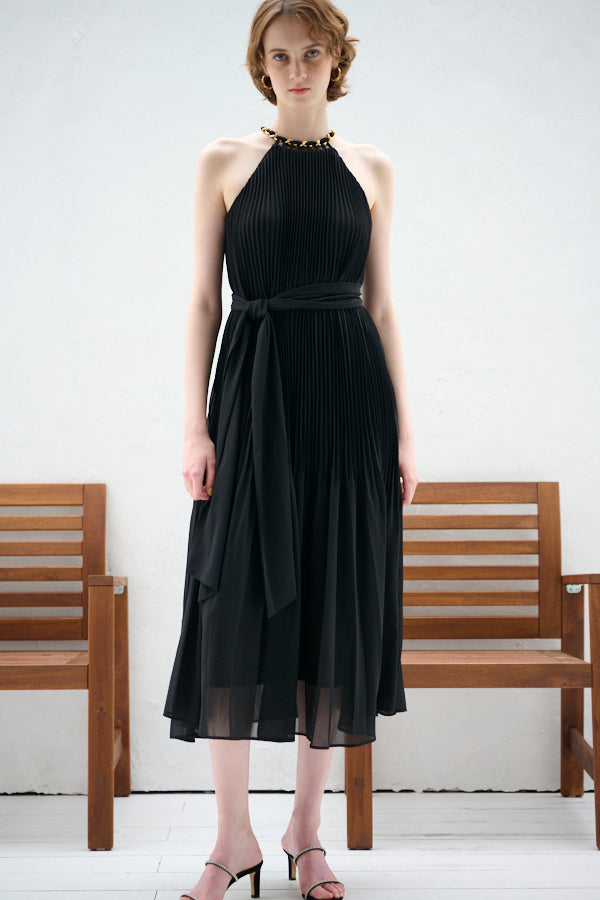 Agnes Pleated Long Dress <br>-BLK-