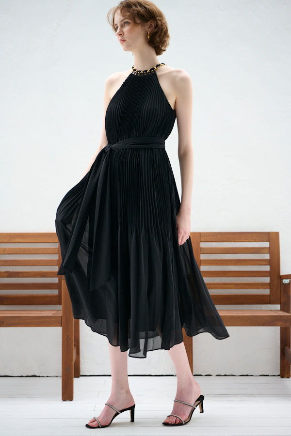 Agnes Pleated Long Dress <br>-BLK-