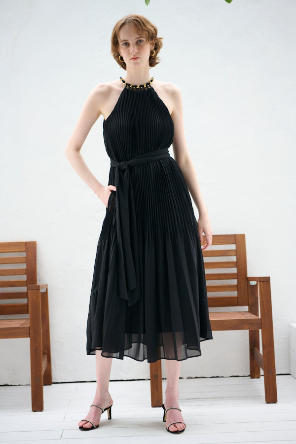 Agnes Pleated Long Dress <br>-BLK-