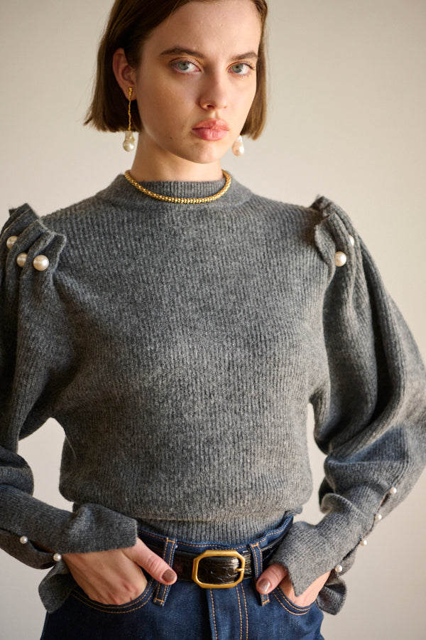 Pearl Crew neck Slash-sleeve sweater <br>  -GRY-