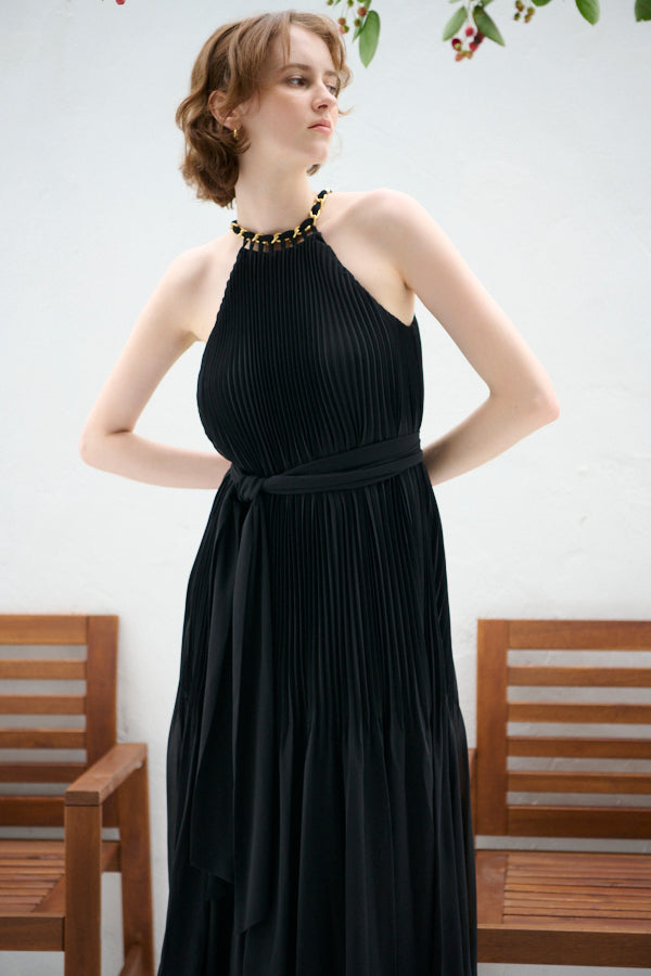 Agnes Pleated Long Dress <br>-BLK-