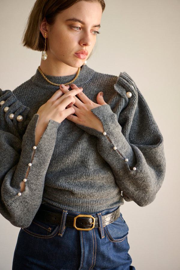 Pearl Crew neck Slash-sleeve sweater <br>  -GRY-