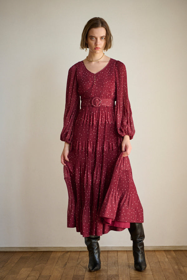 Ginny Pleated Dot Long Dress -BRD-