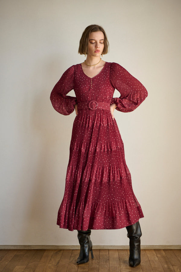 Ginny Pleated Dot Long Dress -BRD-