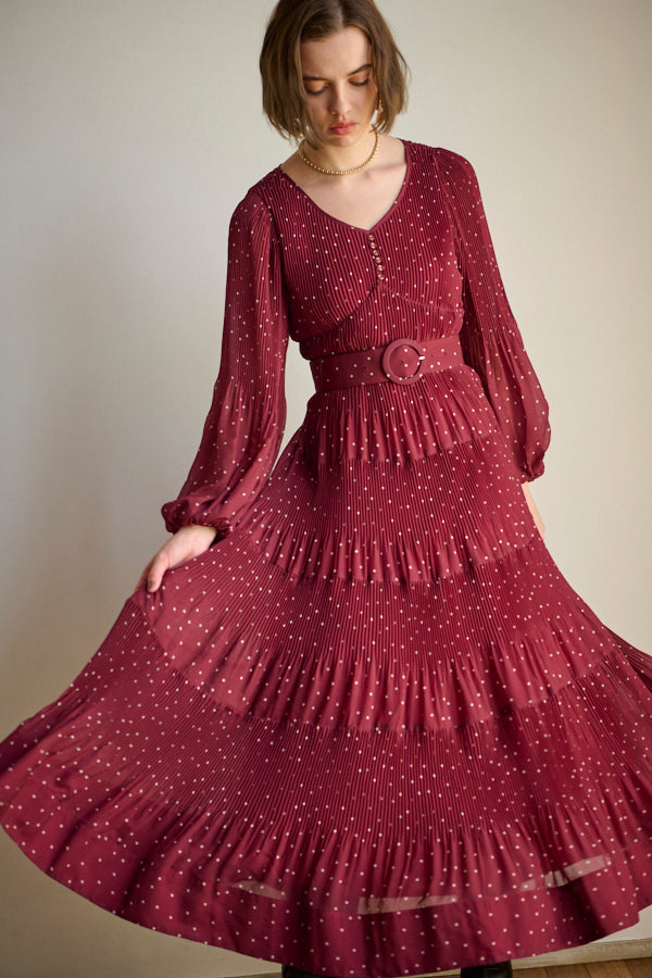 Ginny Pleated Dot Long Dress -BRD-