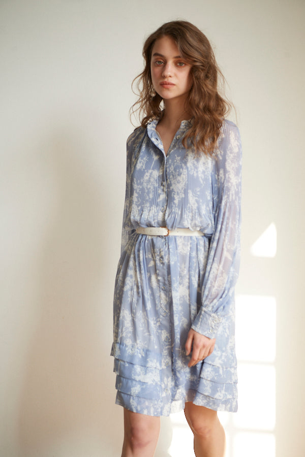 Merida Floral Belted Dress <br>  -SAX x WHT pt -