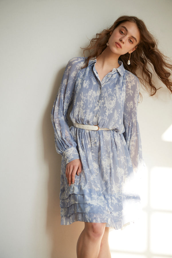 Merida Floral Belted Dress <br>  -SAX x WHT pt -