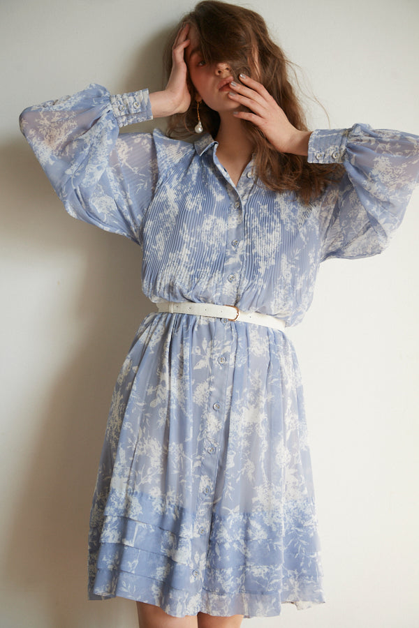 Merida Floral Belted Dress <br>  -SAX x WHT pt -