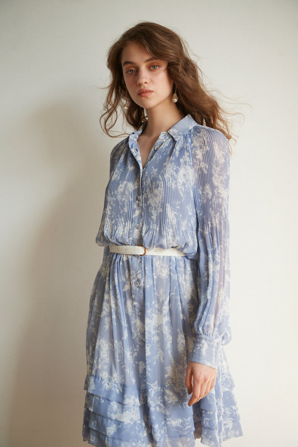 Merida Floral Belted Dress <br>  -SAX x WHT pt -