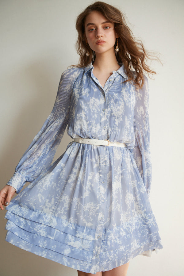 Merida Floral Belted Dress <br>  -SAX x WHT pt -