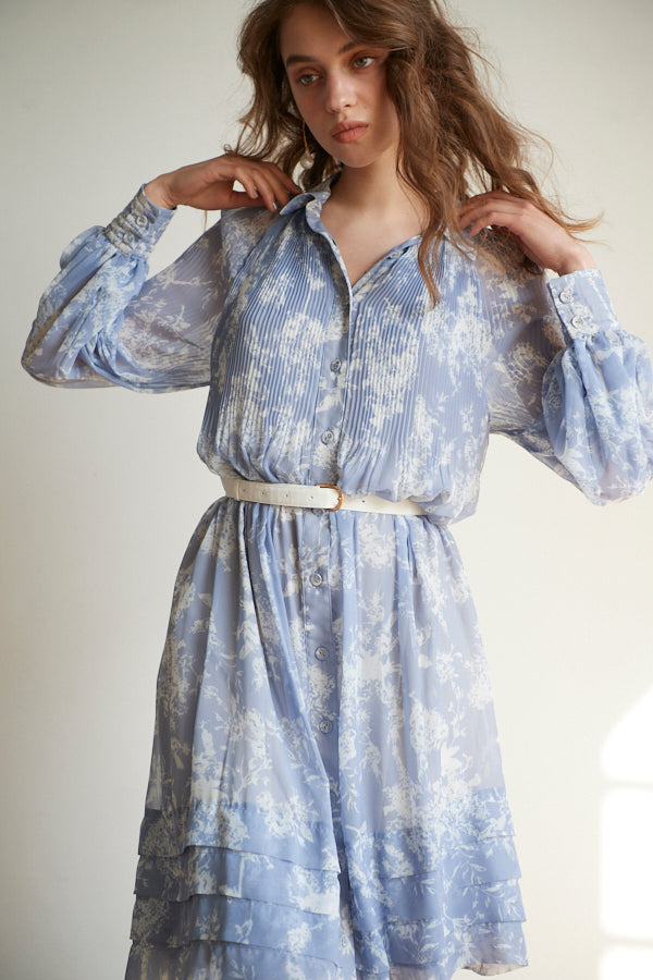 Merida Floral Belted Dress <br>  -SAX x WHT pt -