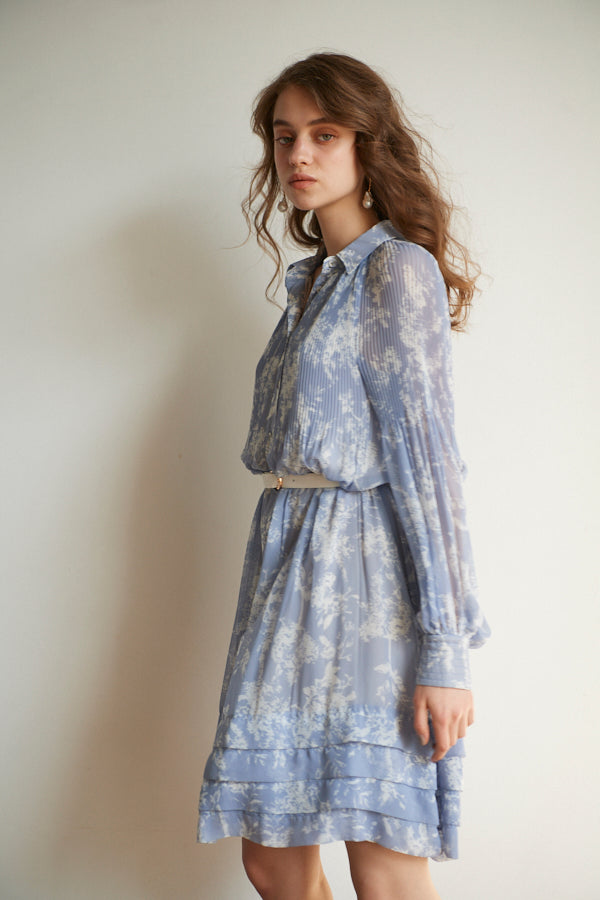 Merida Floral Belted Dress <br>  -SAX x WHT pt -