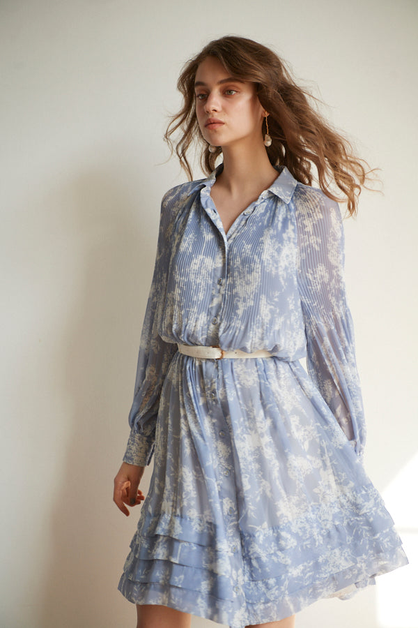 Merida Floral Belted Dress <br>  -SAX x WHT pt -